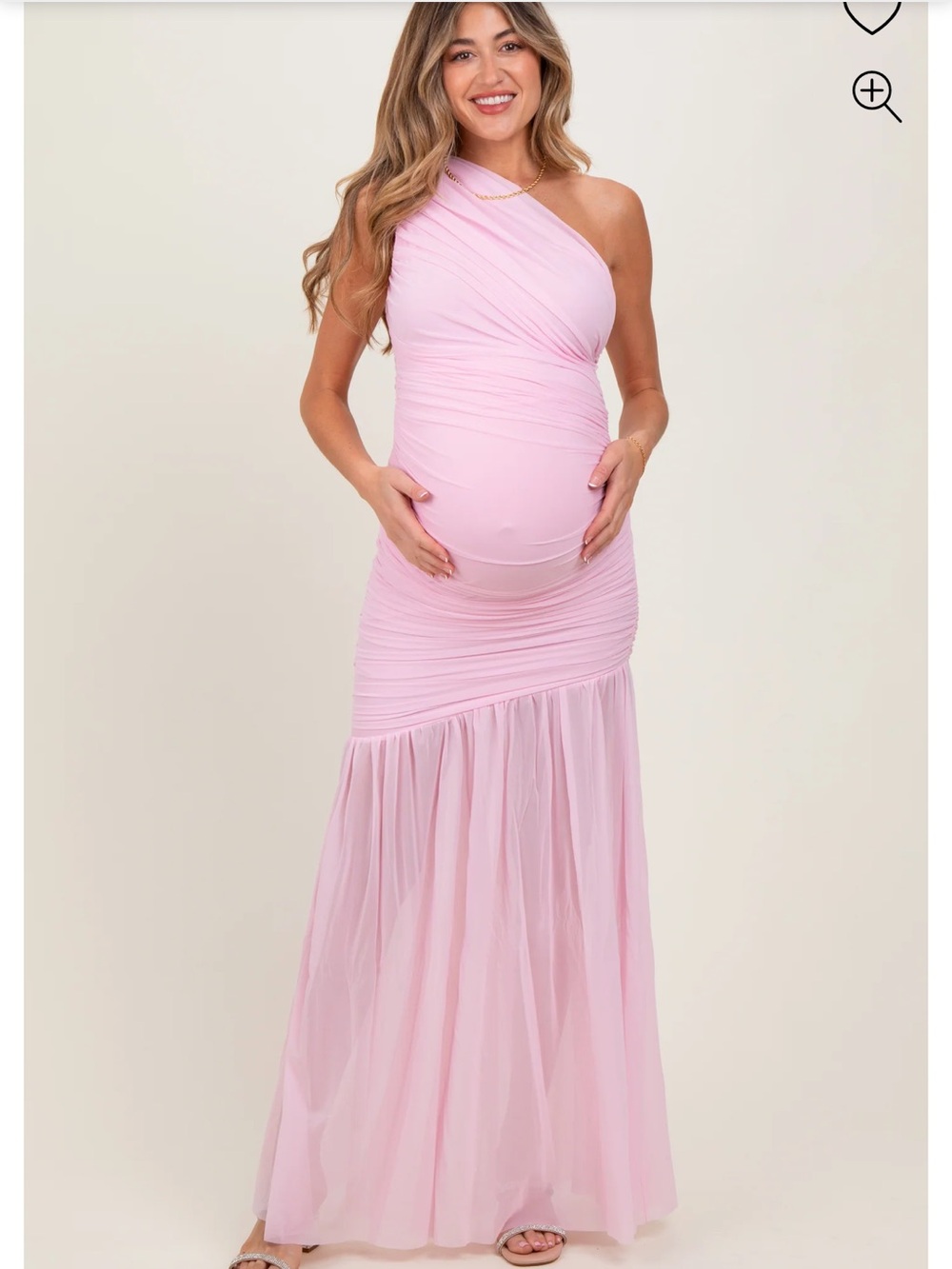 Light Pink Ruched Mesh One Shoulder Maxi Dress - Picture 3 of 4